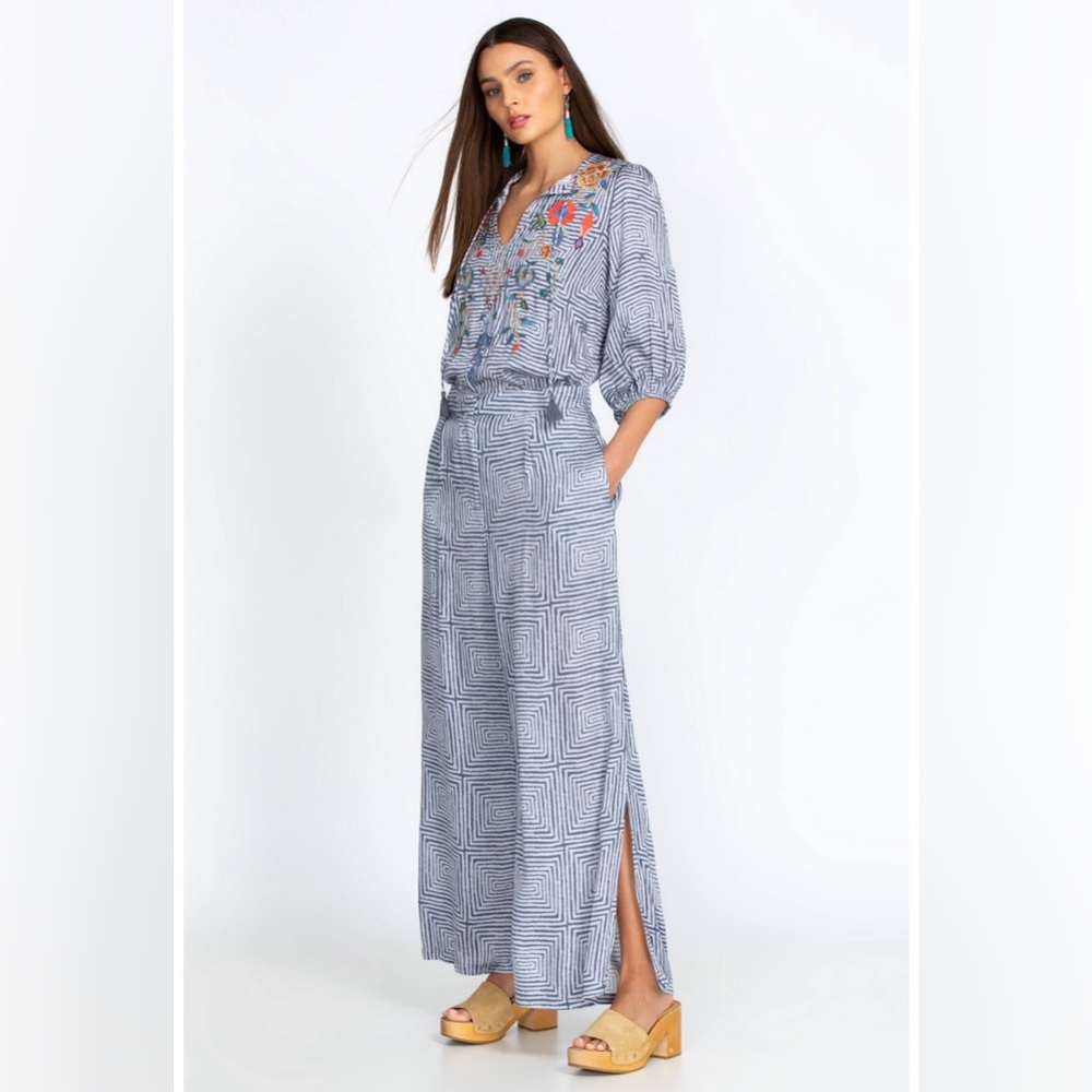 Johnny Was Blue and White Wide Leg Jumpsuit